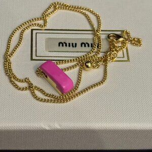 Miu Miu Gold Tone Pink Bar Pendant Necklace – Minimal Chic, Like New
